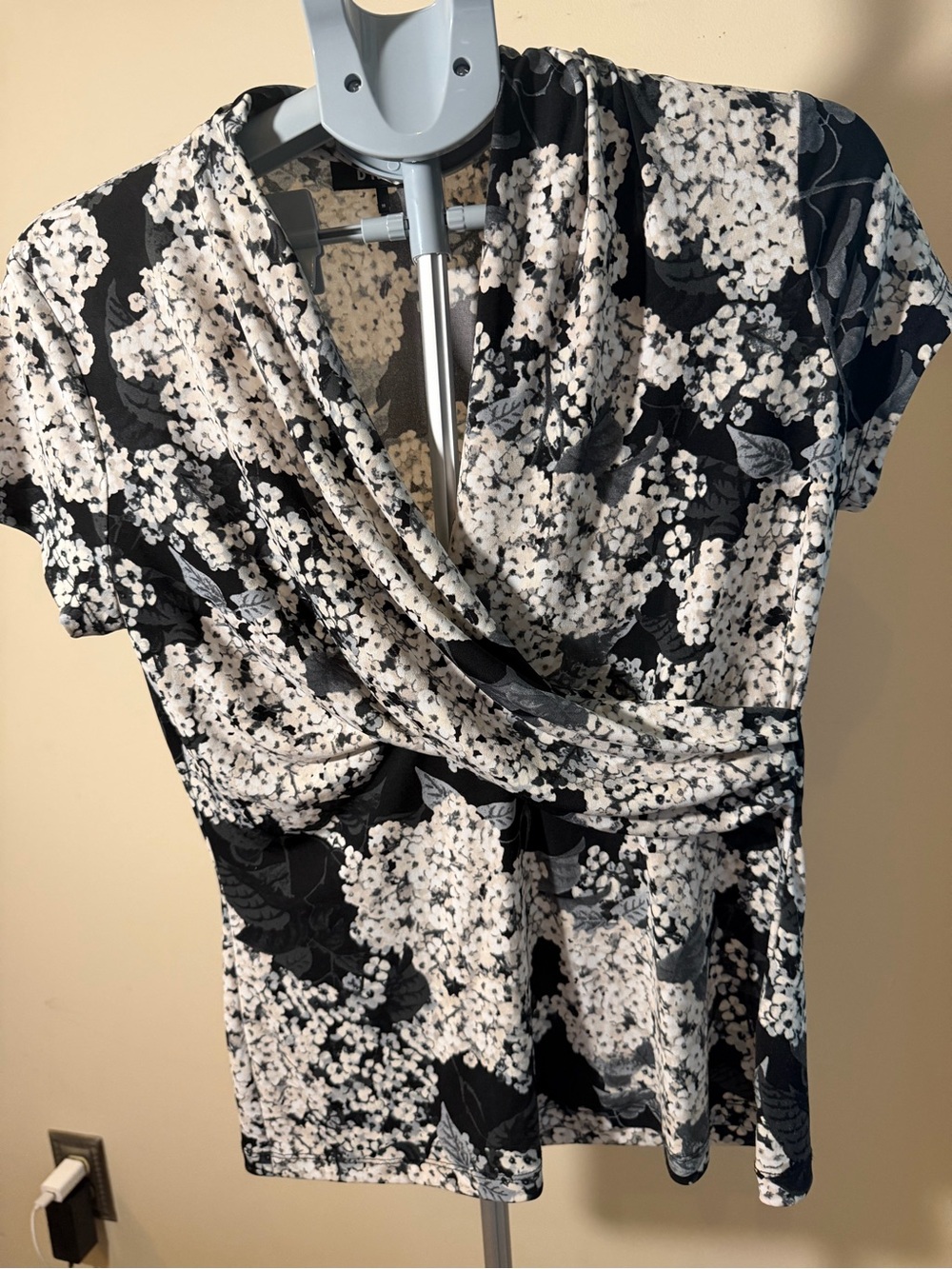 DNY Black and White Floral Drape Neck Top